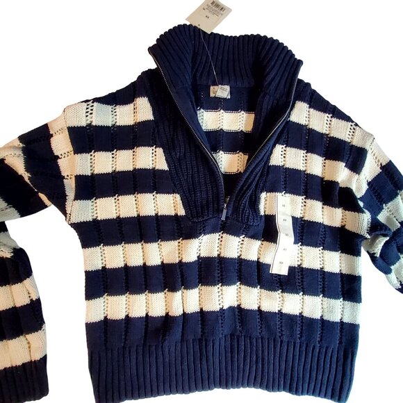Navy & White Striped Cropped Sweater Half-Zip Collar XS 60% Cotton 40% Acrylic - Picture 10 of 10